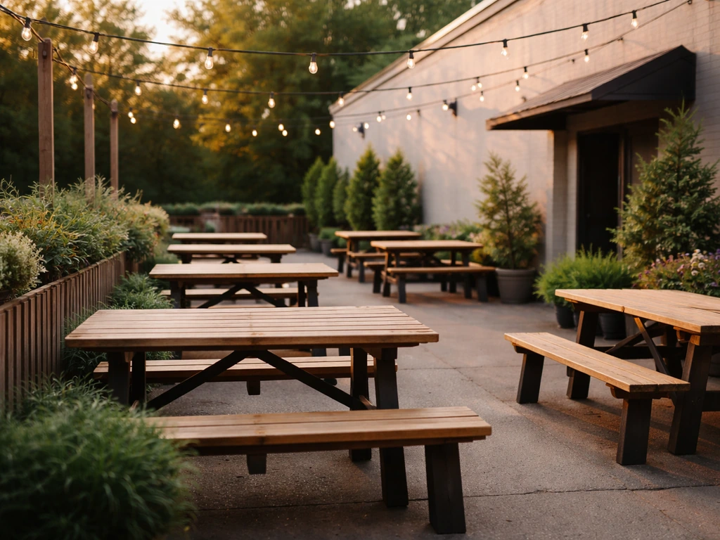 Outdoor patio seating at a St. Paul brewery with warm evening light and greenery