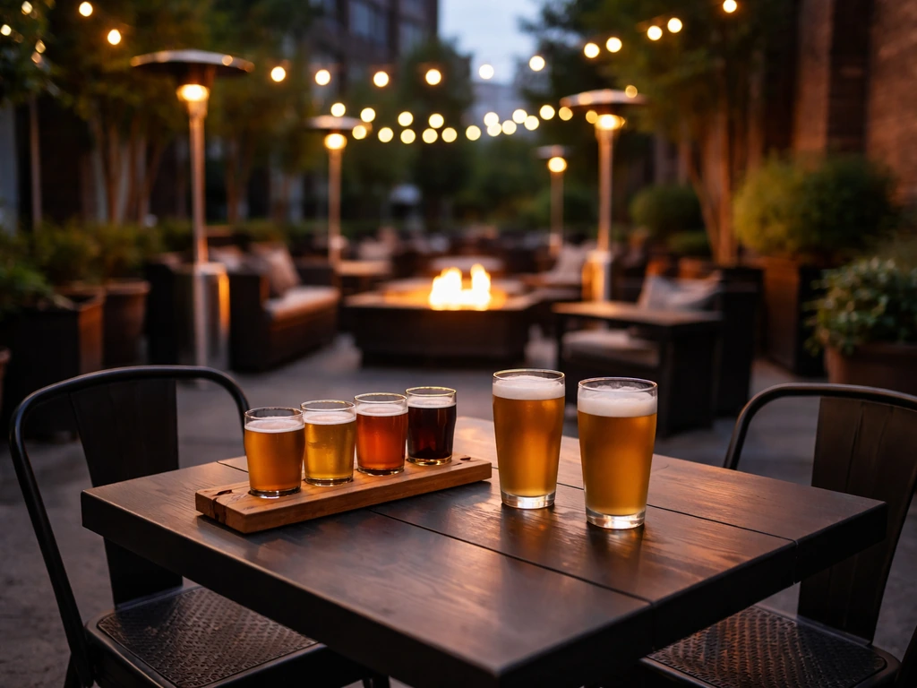 Empty brewery patio table with beer glasses, warm fire pit lighting, and minimal urban background.