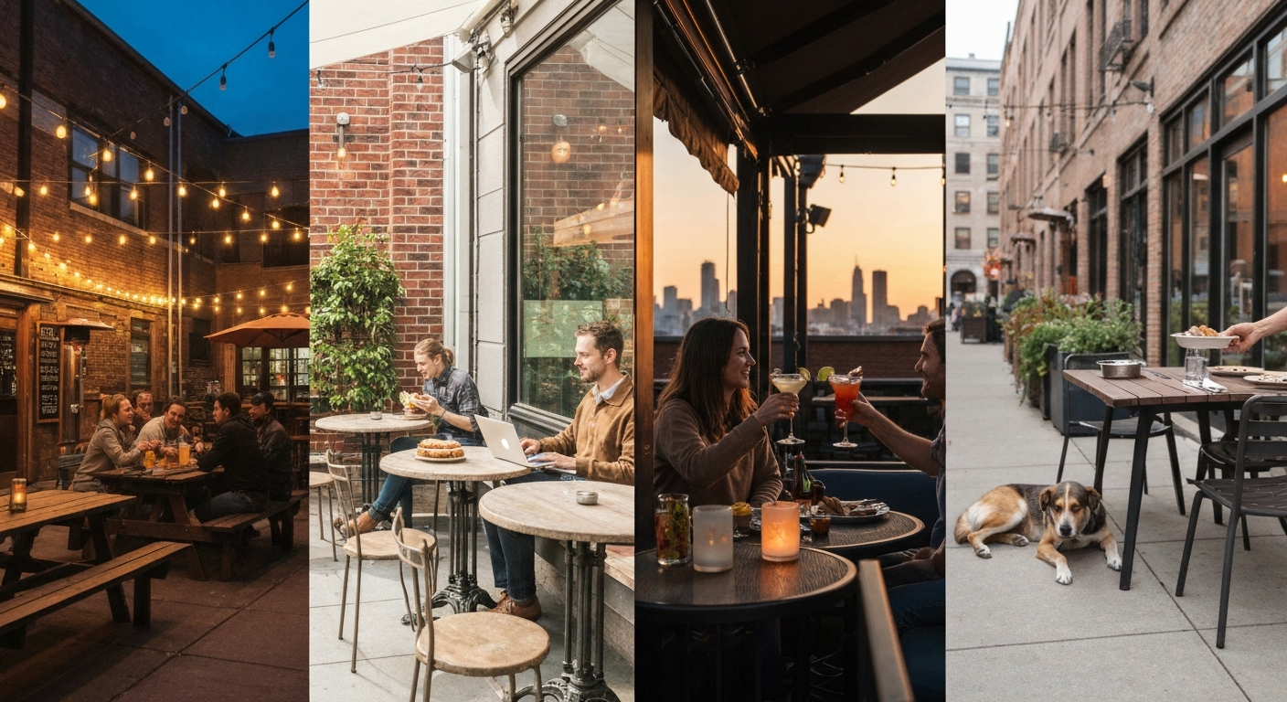 Collage of inviting outdoor patios: brewery courtyard with string lights, shaded lunch café, rooftop bar with skyline view, and a dog-friendly sidewalk patio.