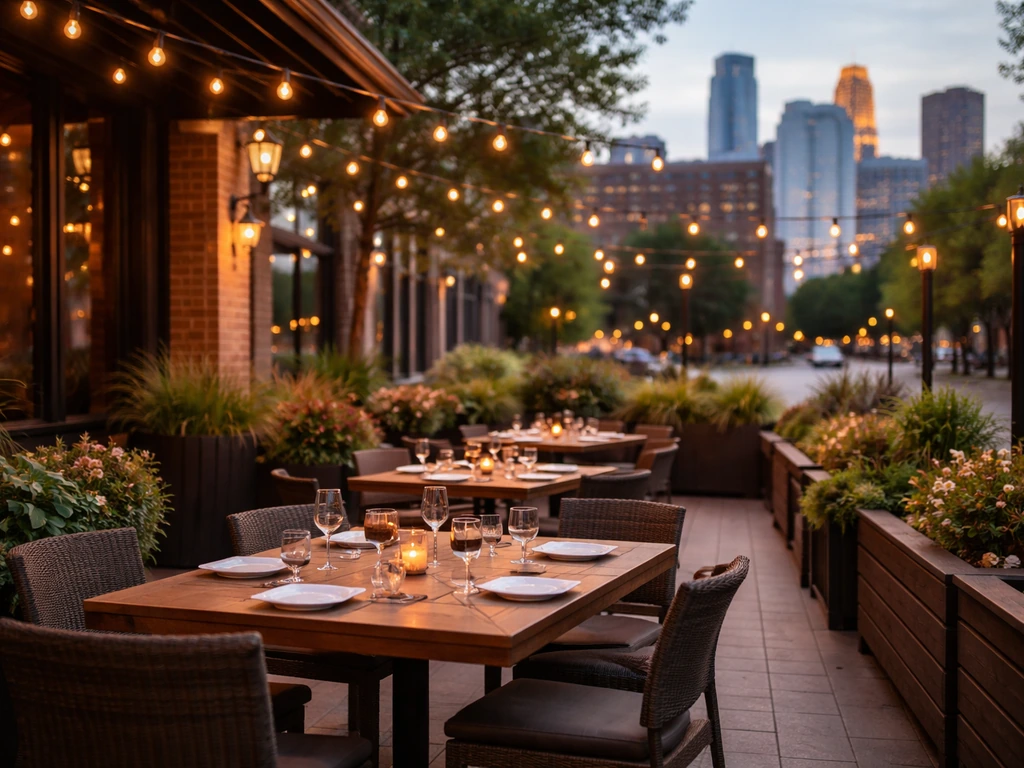 Inviting Twin Cities outdoor patio dining with warm lights and a Minneapolis–St. Paul skyline backdrop.