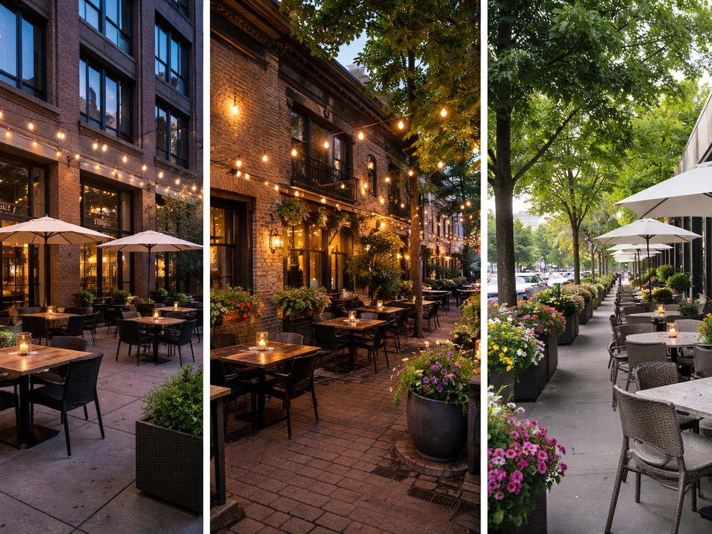 Wide photo collage showing three Minneapolis neighborhood patio vibes: North Loop, Northeast, and Uptown dining scenes.
