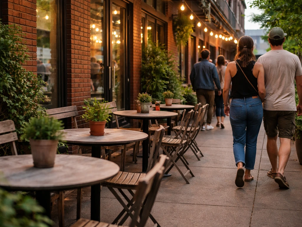 People relaxing on a Northeast Minneapolis patio with potted plants and receding tables in natural light.