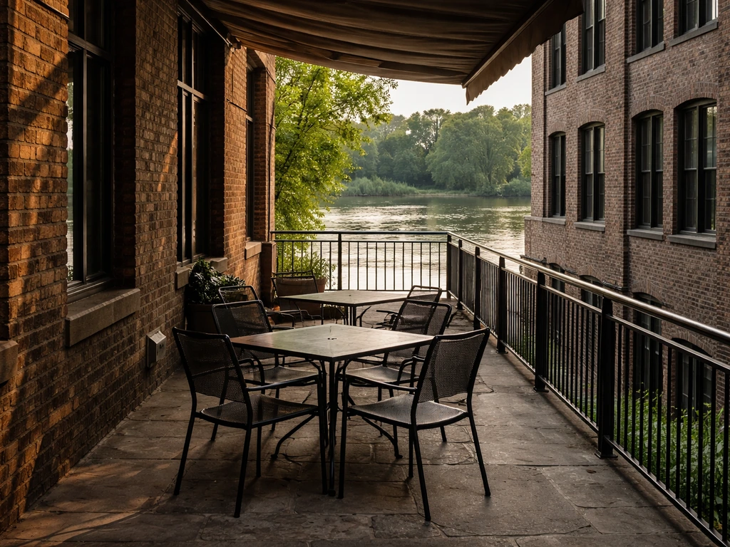 Minimal riverside patio beside brick warehouses in Lowertown St. Paul, with calm water visible between buildings.