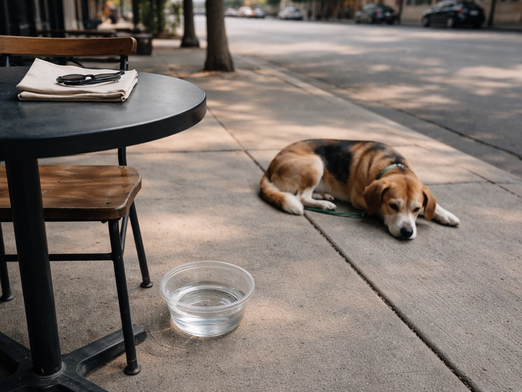 A calm small/medium dog resting by a patio table with a visible water bowl on concrete.