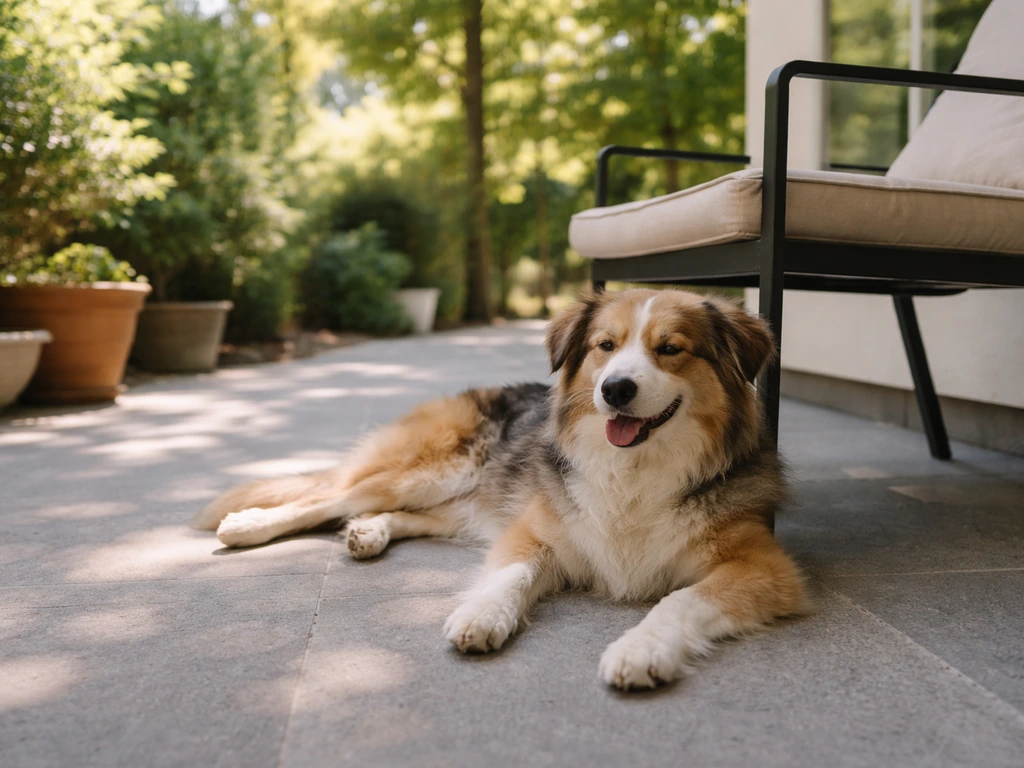 Medium-sized dog lying comfortably in shade on a spacious patio beside an outdoor chair