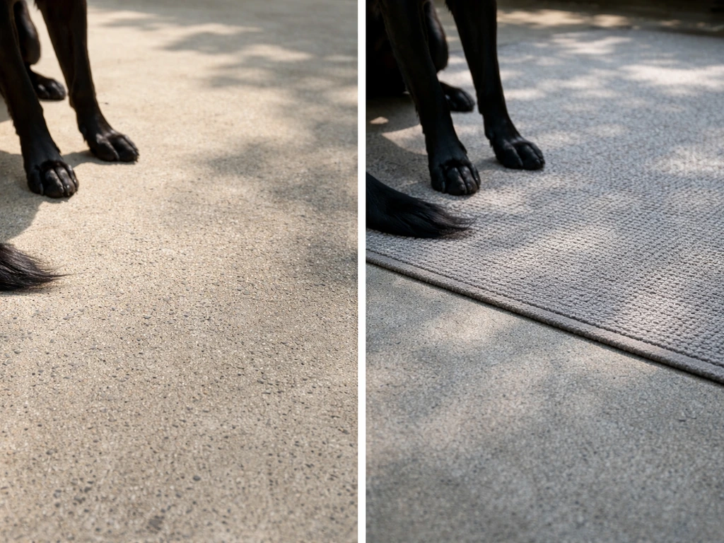 Close-up of sun-baked concrete vs shaded, cooler dog mat with a dog’s paws for scale.