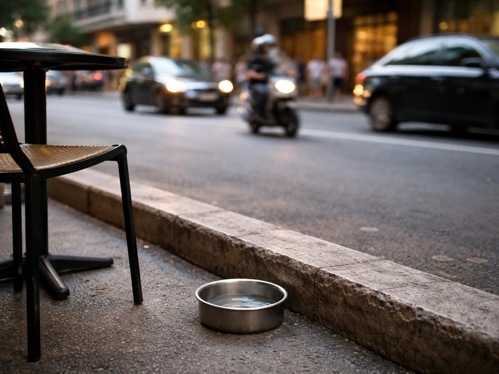 Quiet patio beside a busy street, with blurred passersby and cars highlighting noise and closeness.