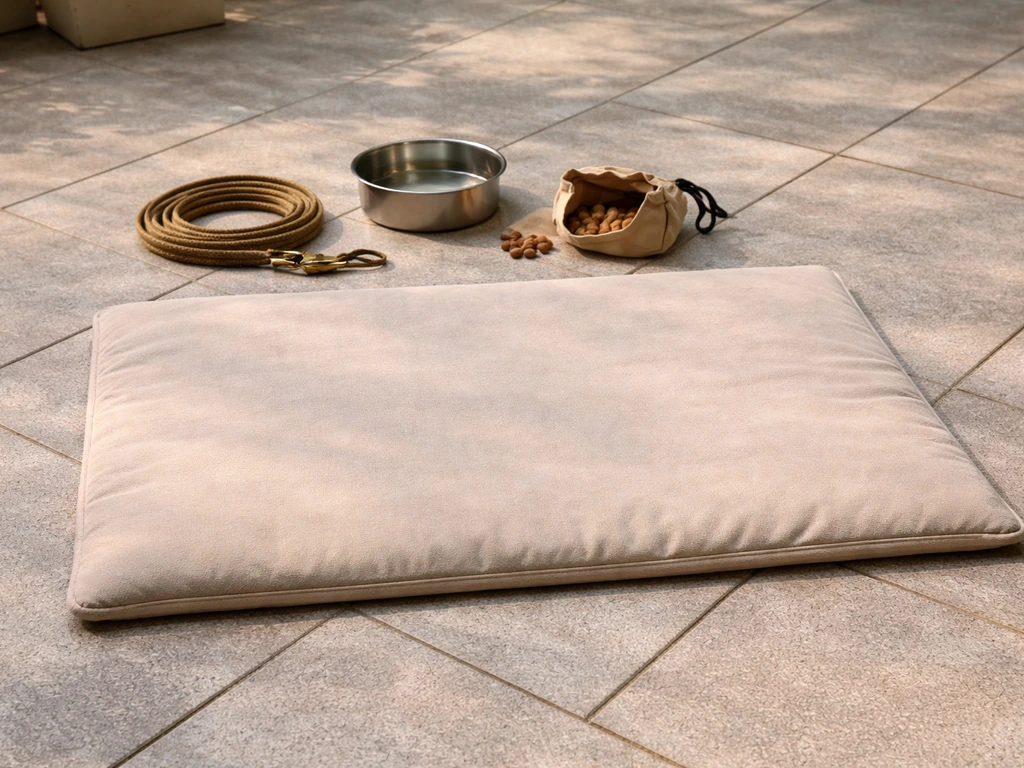Dog patio essentials laid out: leash, water bowl, treats, and a mat ready for a visit