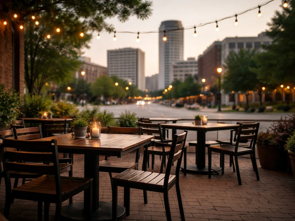 Cozy patio tables with Wichita skyline visible in the background, capturing the outdoor dining vibe.