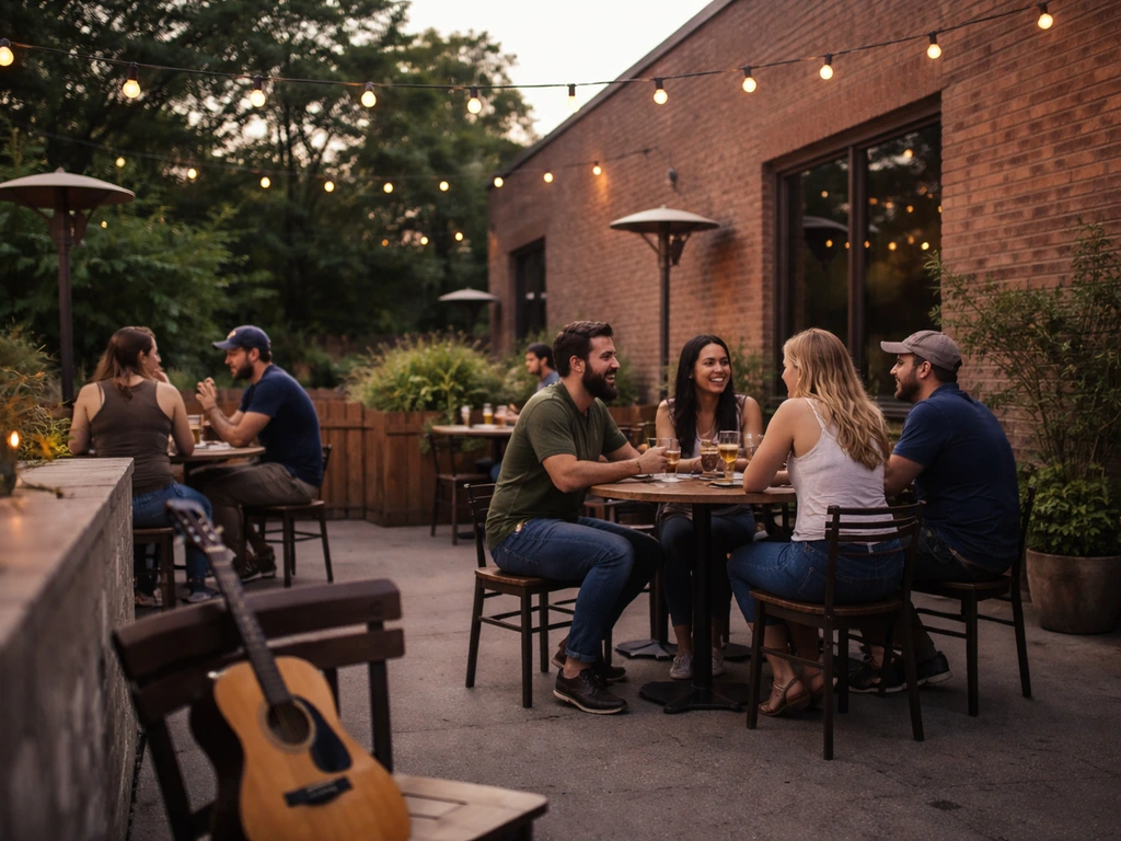 People relaxing on a brewpub patio at Central Standard Brewing during an evening bluegrass vibe.