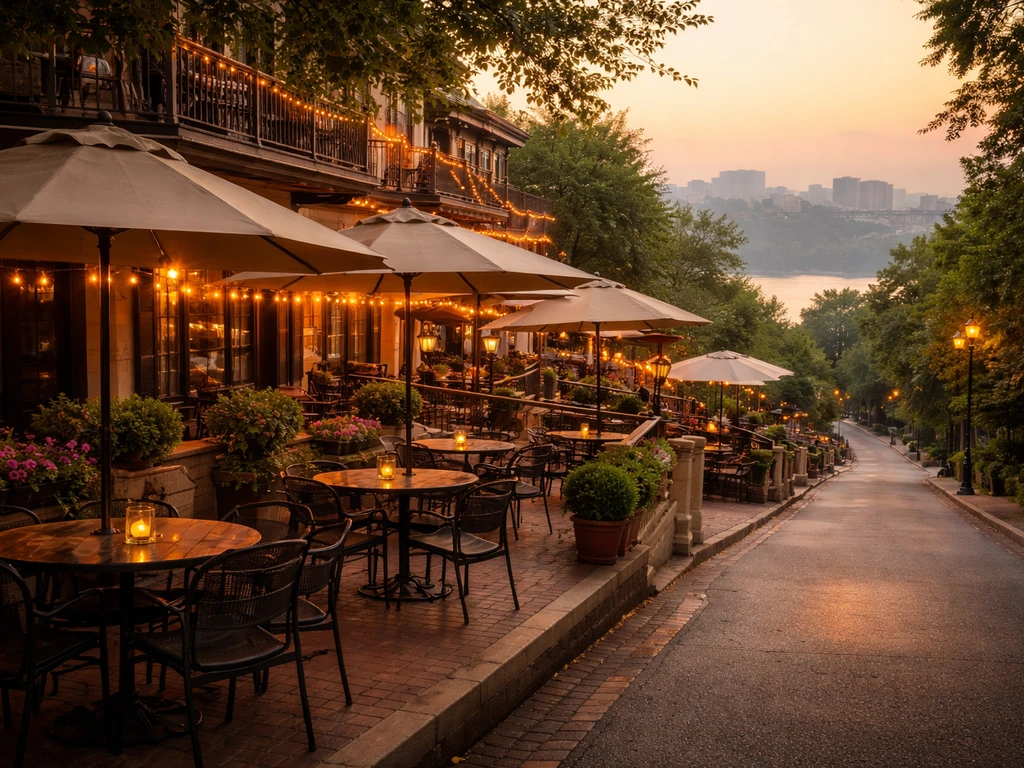 Golden-hour wide shot of a Chattanooga neighborhood with layered patio seating, umbrellas, and string lights.