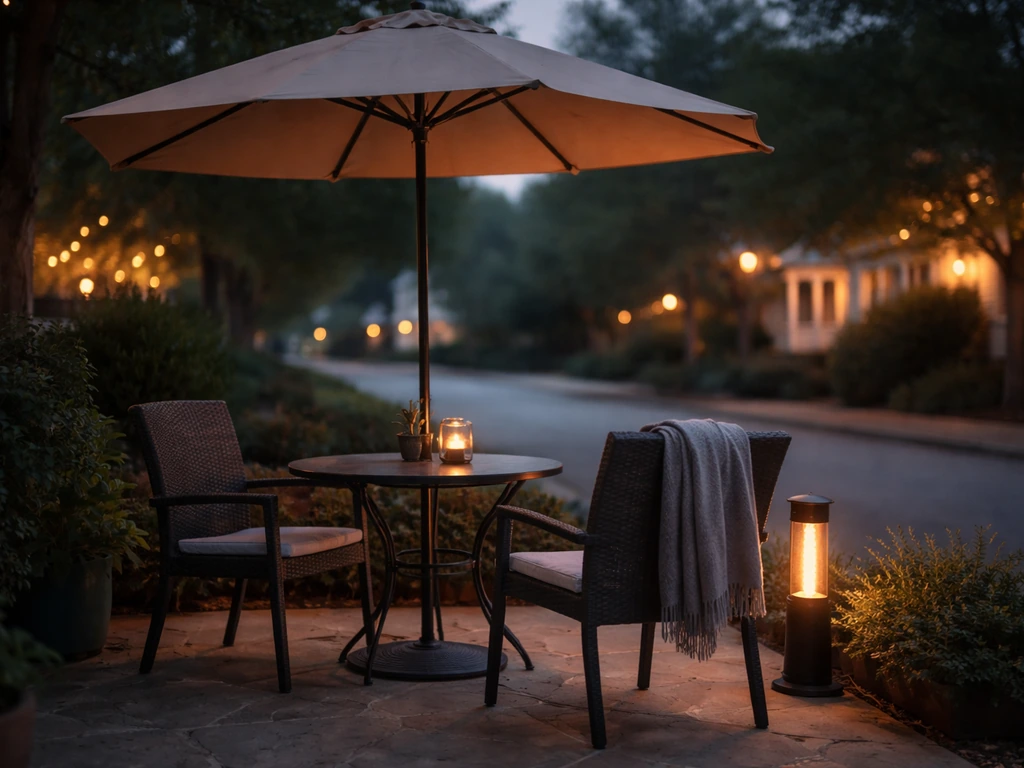 Minimal patio scene with umbrella, cozy outdoor blanket/heater, and a quiet street backdrop suggesting noise vs calm.