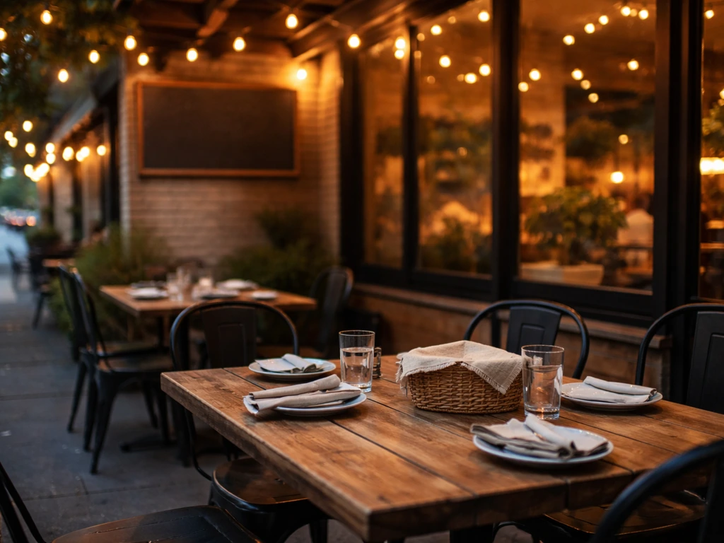 Cozy neighborhood restaurant patio exterior at dusk with warm lights and inviting outdoor seating.