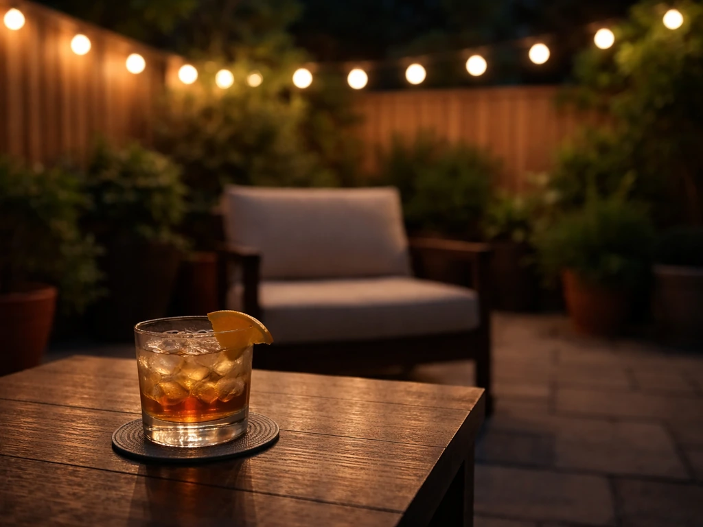 Cozy outdoor patio seat with a cocktail on a small table, warm evening light, relaxed casual vibe.