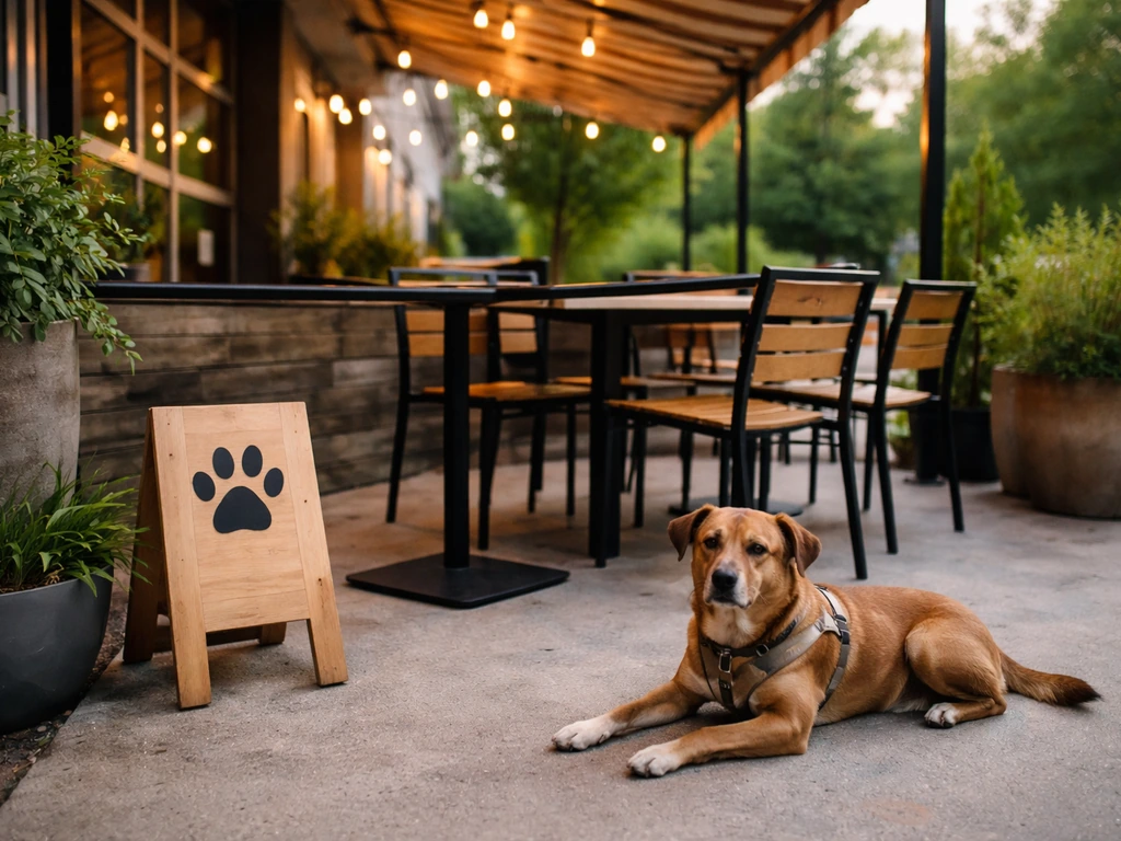 Brown dog resting near a quiet brewery patio with a paw-print dog-friendly indicator nearby.