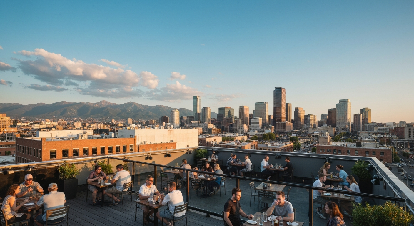Wide rooftop patio view at sunset showing Denver skyline and the Front Range mountains with diners on the deck.