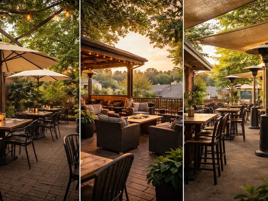 Collage of three Fayetteville patio dining scenes with umbrellas, rooftop seating, and outdoor heaters.