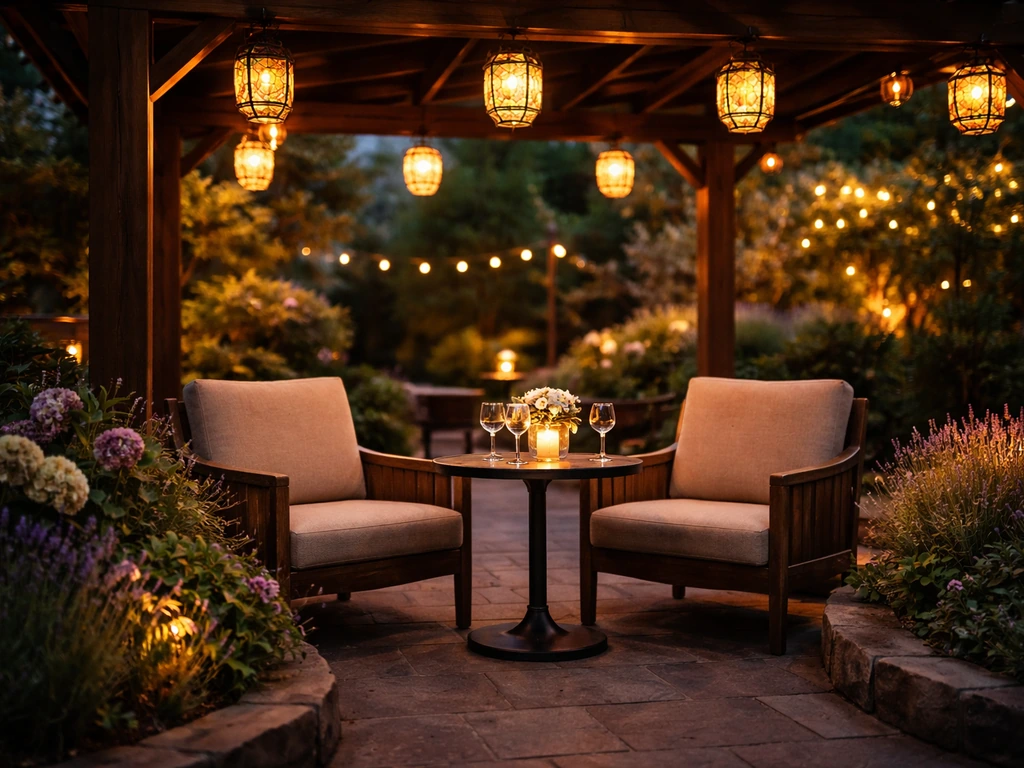 Romantic covered patio with warm stained-glass lights and garden seating for two at dusk.