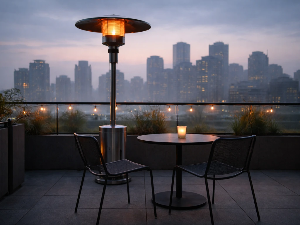Rooftop patio with a warm patio heater and skyline view at dusk, no people, minimal scene.