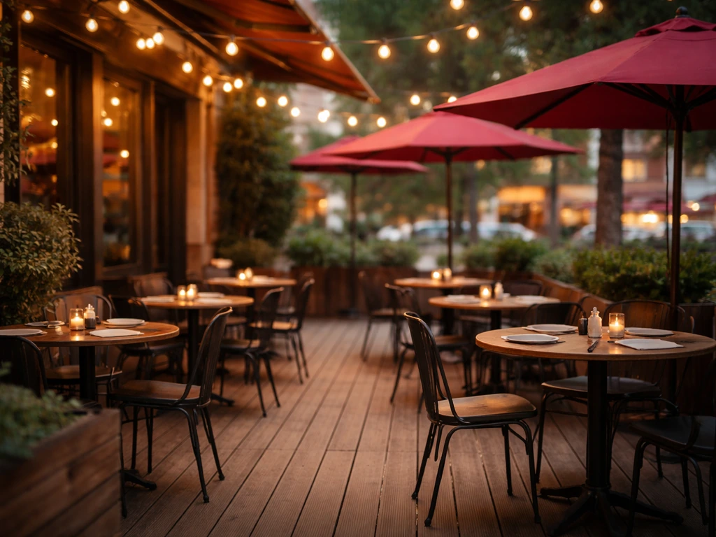 Cozy bistro patio with string lights, red umbrellas, and outdoor seating on a warm evening deck.