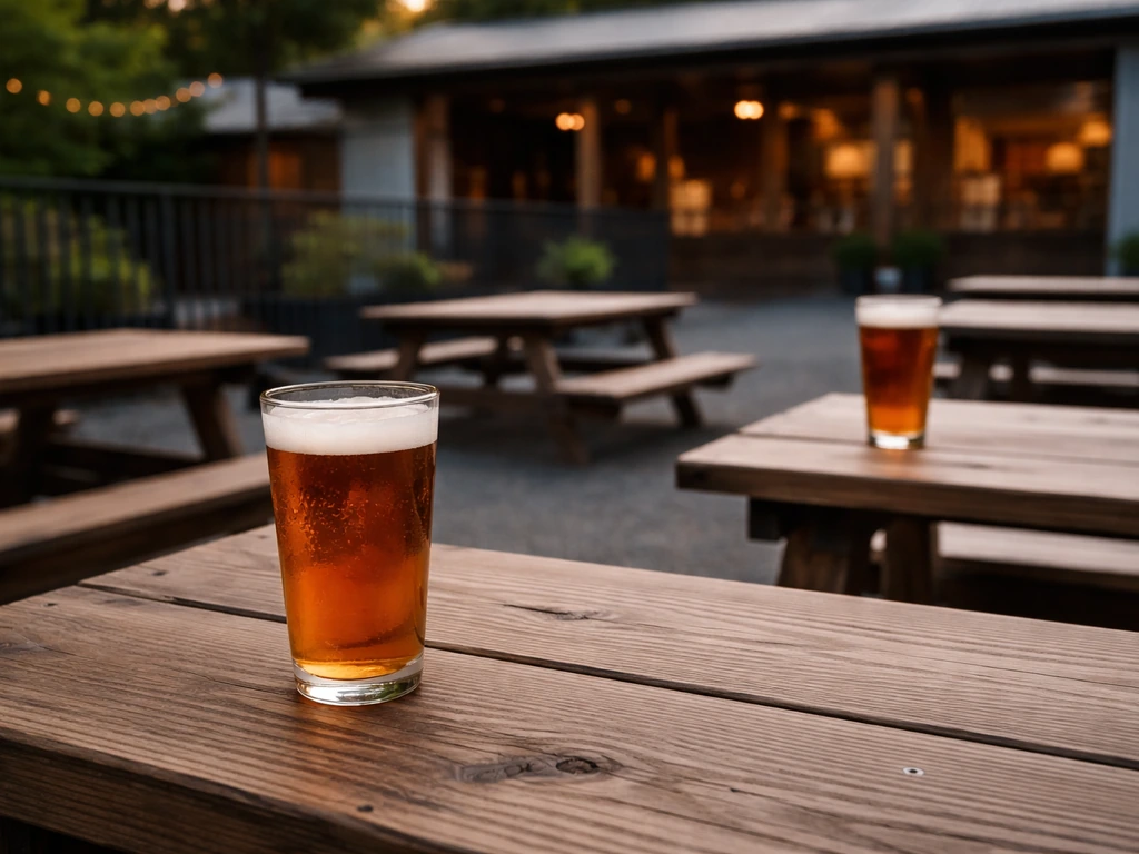 Calm brewery patio with wooden tables and amber beer pints in clear glasses, no people visible.