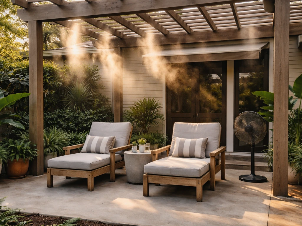 Shaded patio seating under a pergola with misting spray and a fan for hot Houston weather