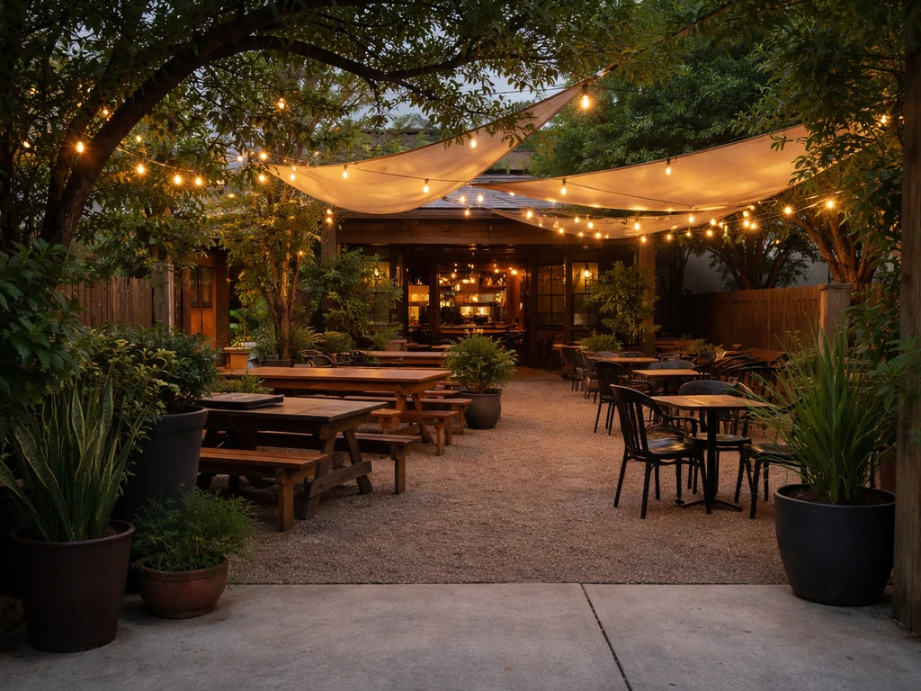 Shaded Better Luck Tomorrow patio on Nicholson Street with warm string lights and relaxed seating.