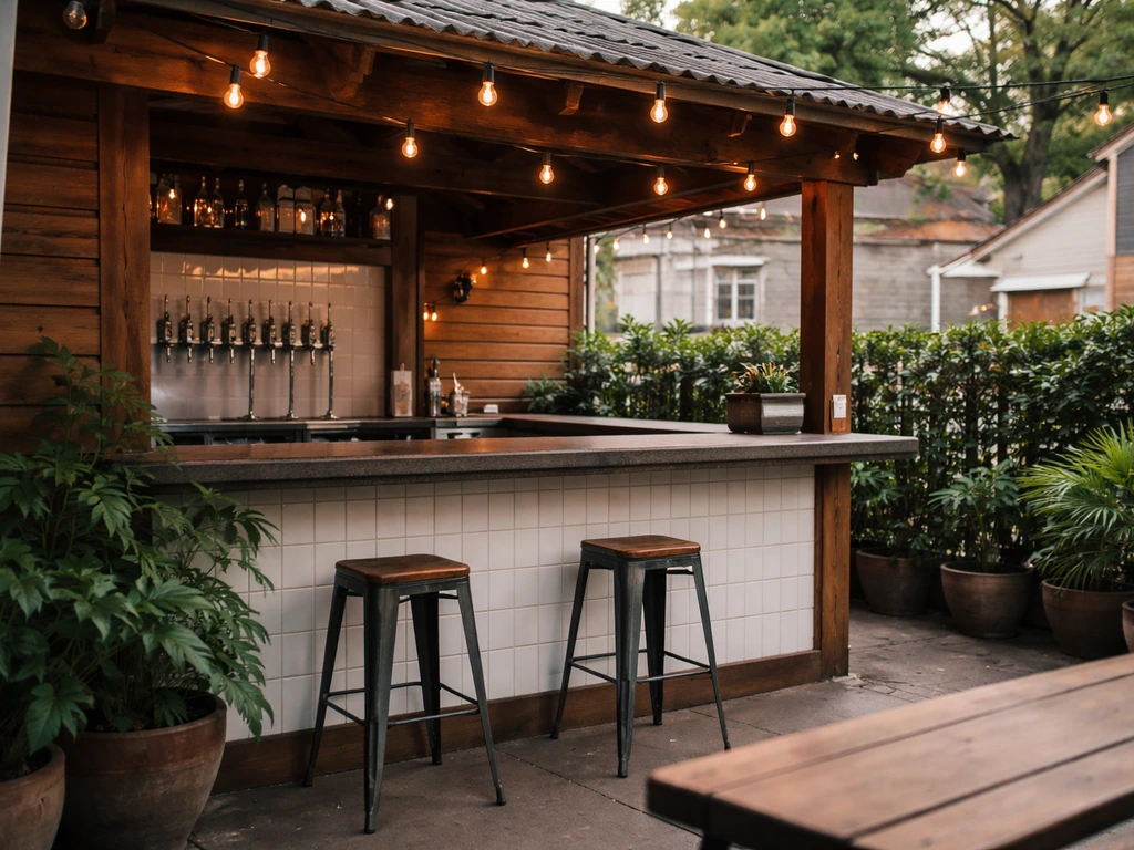 Cozy outdoor patio bar setup on White Oak with warm lights, wood counter, and empty stools, Houston vibe.