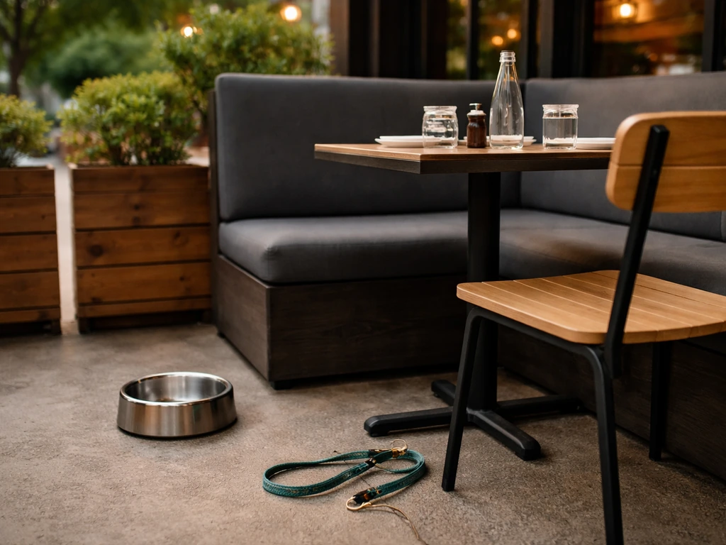 Dog-friendly patio with an empty water bowl beside a booth, leash kept off to the side
