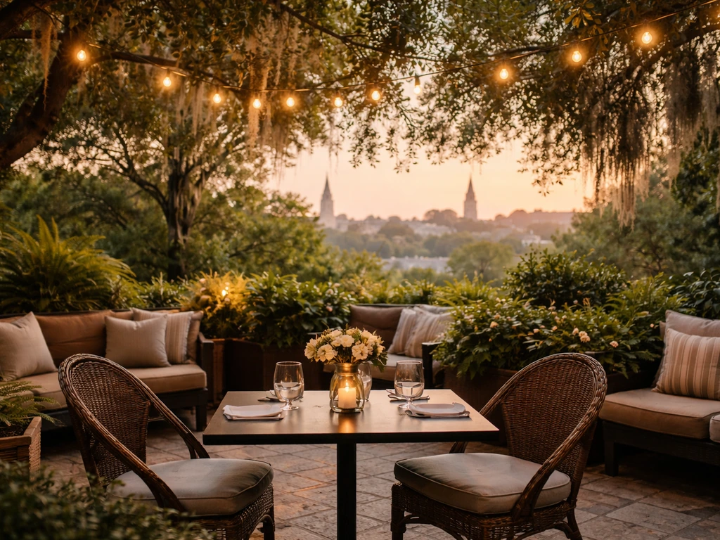 Cozy Charleston patio with warm lights, lush greenery, and comfortable seating overlooking the city.