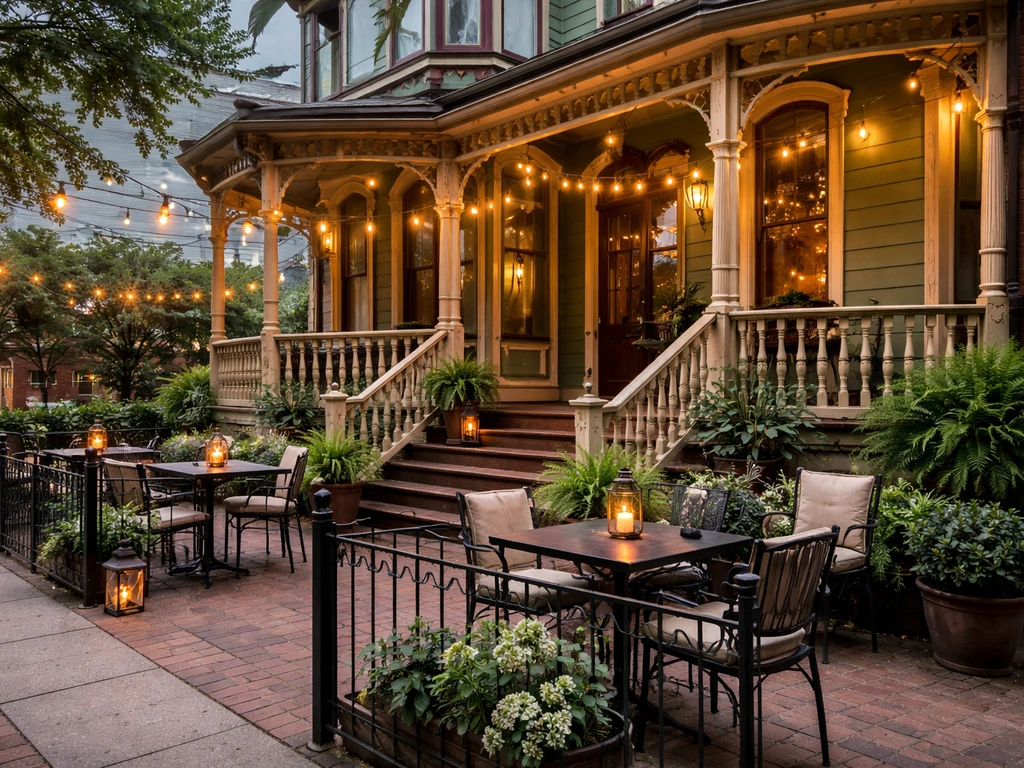 Historic Victorian house with a cozy outdoor patio dining area and warm string lights.