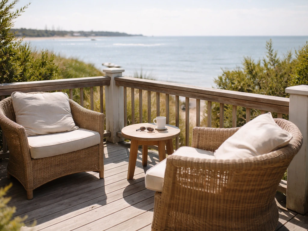 Coastal patio seating on Sullivan’s Island with ocean breeze, blue sky, and gentle waves in the distance