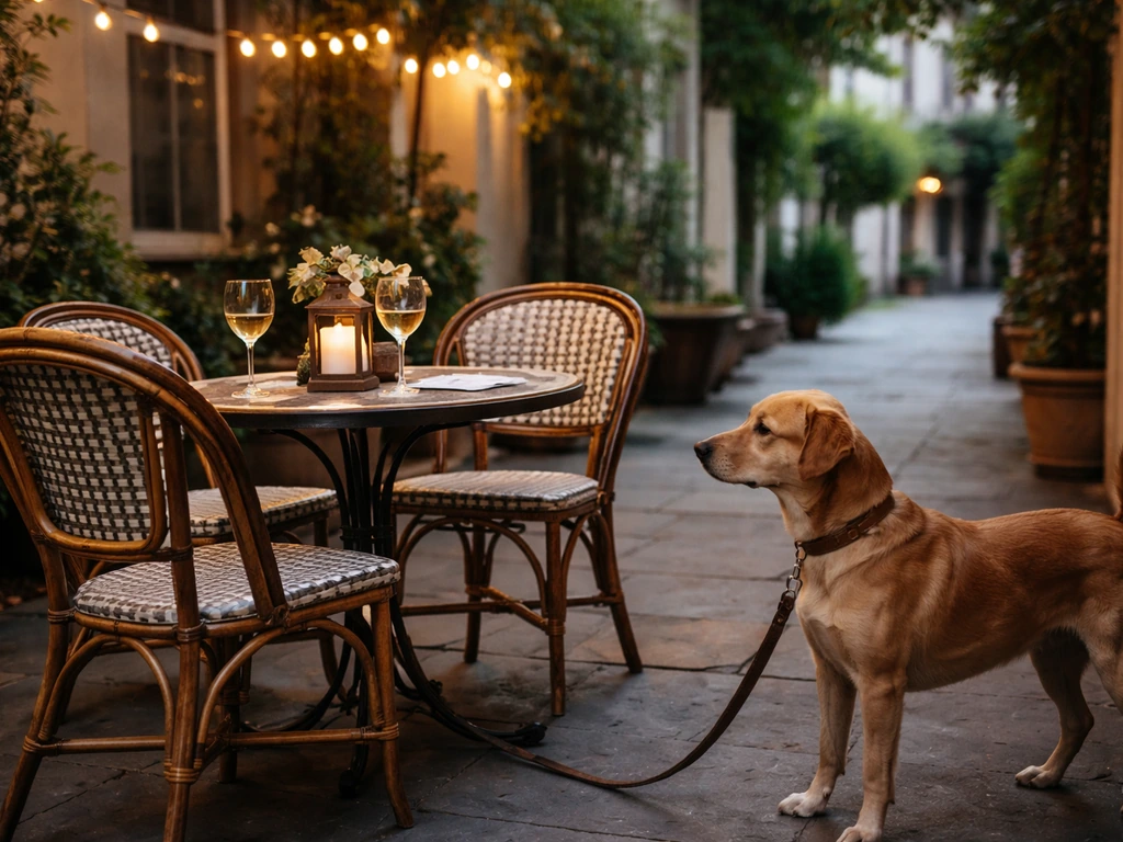 Dog on a leash beside outdoor dining seating on a Charleston-style patio