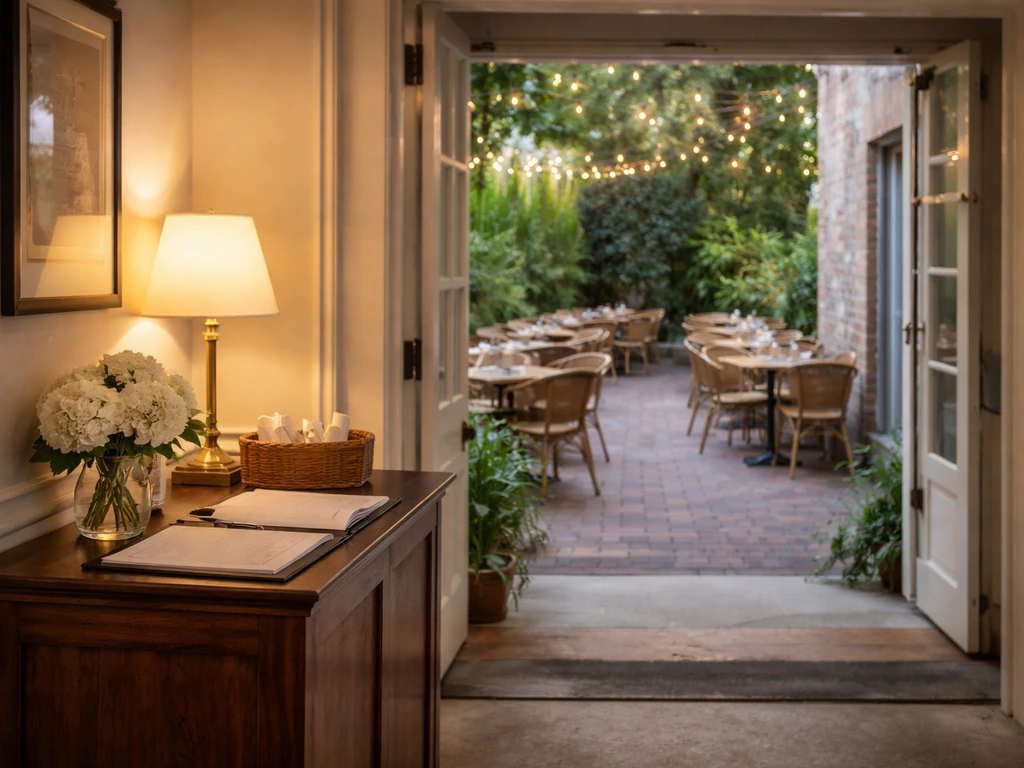 View toward a Charleston restaurant patio through the entrance near the host stand, ready for table selection.