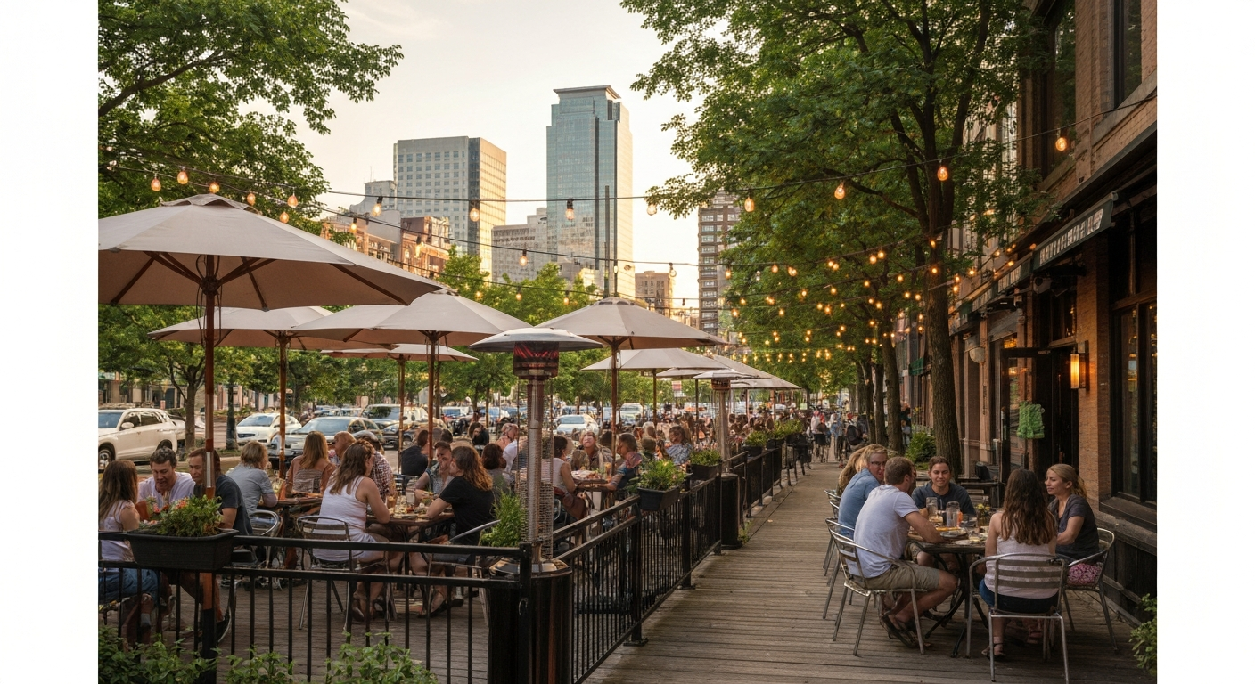 Sunny Minneapolis patios with people dining outdoors under string lights and market umbrellas.