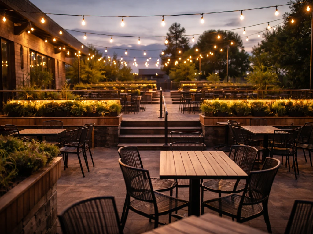 Wide view of a Fargo patio with outdoor dining tables, string lights, and a cozy beer-garden vibe at dusk.