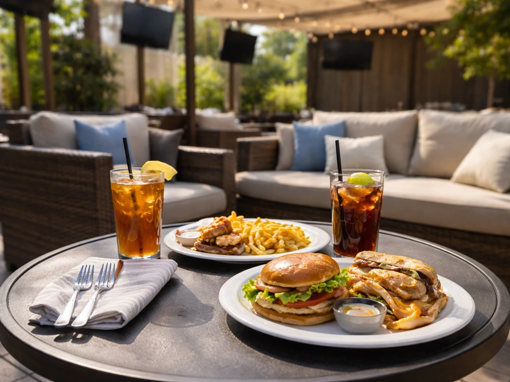 Outdoor patio table set for a relaxed casual lunch with food and iced drinks, cozy all-weather seating in view.