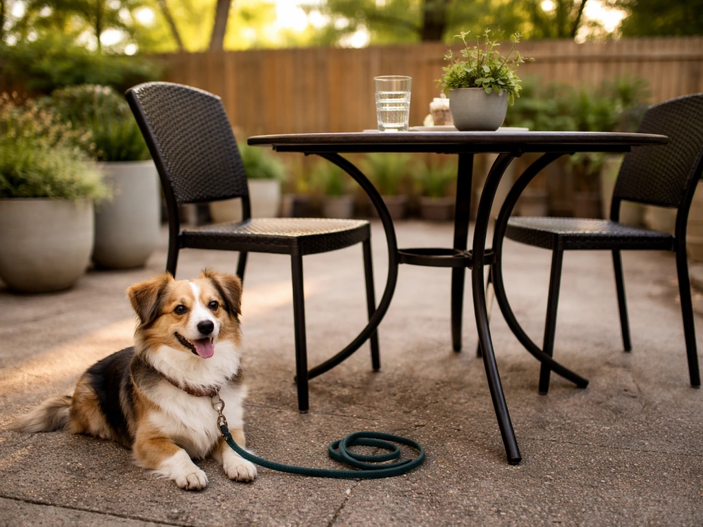 Leashed dog calmly sitting beside outdoor patio dining table with chairs and warm natural light.