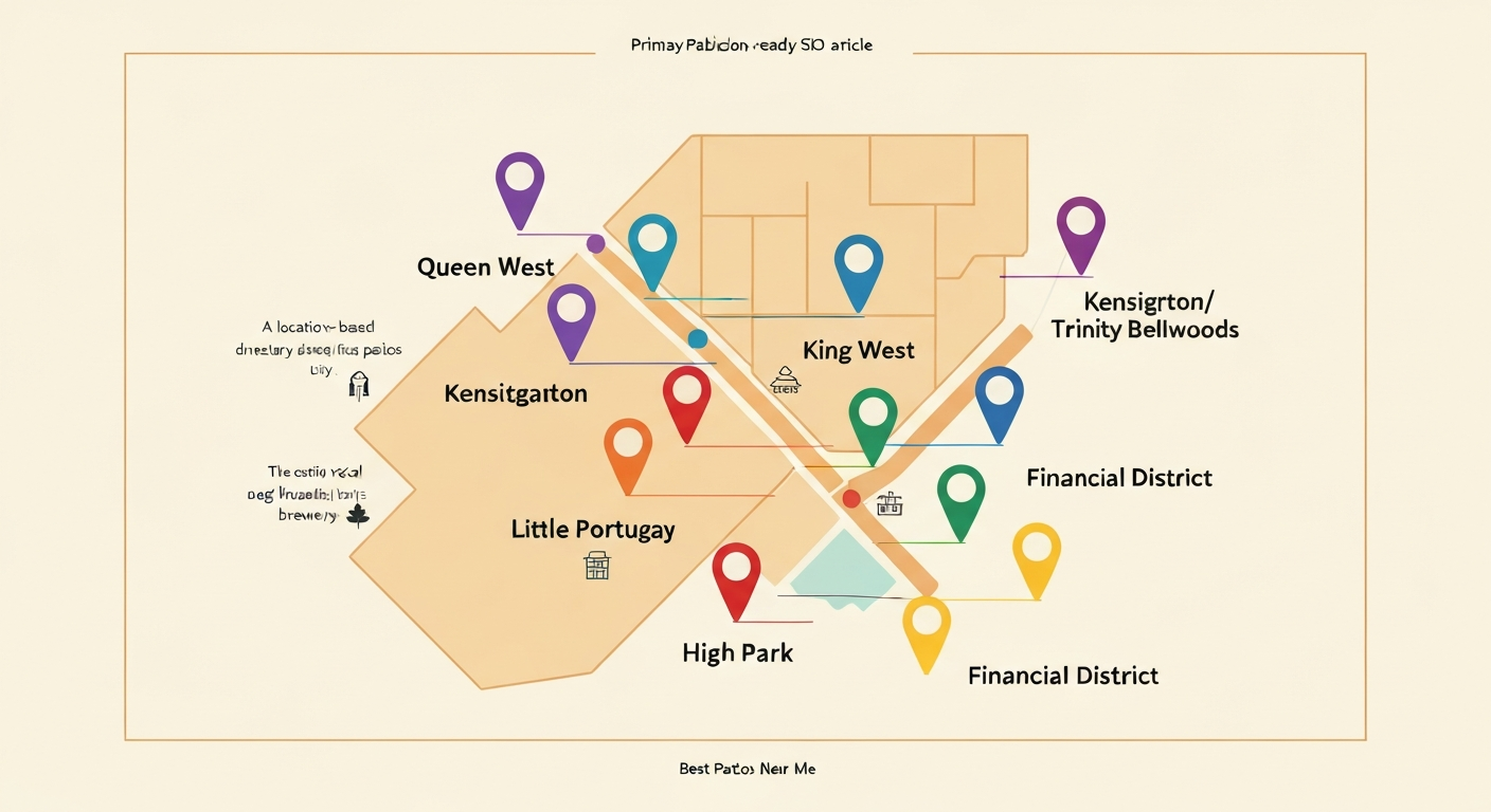 Illustrated map of Toronto with colored pins marking patios by neighbourhood.
