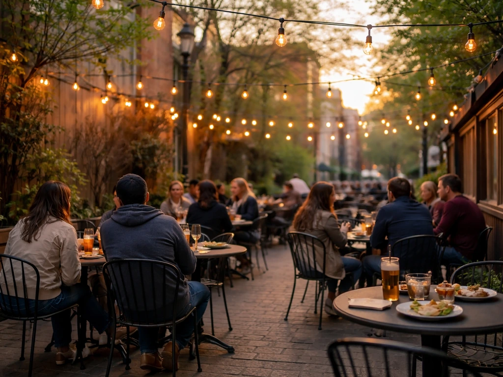 Wide Logan Square patio with diners, warm lights, and Chicago neighborhood buildings in soft focus.