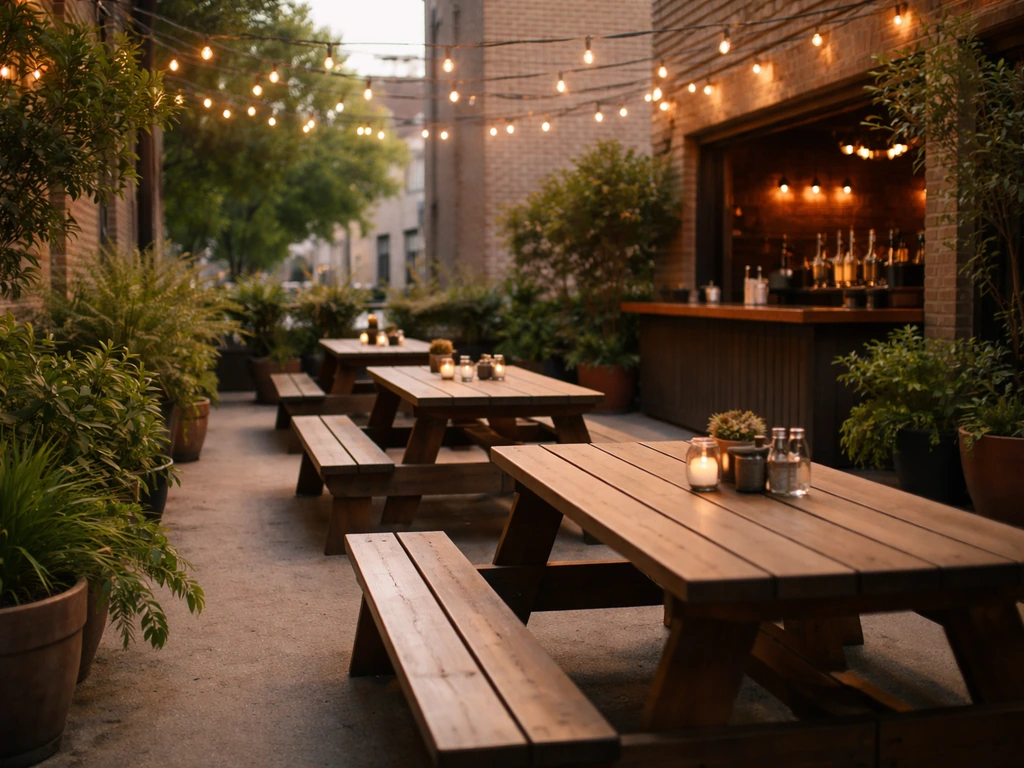 Warm outdoor brewery patio with string lights, wooden tables, and greenery in Logan Square.