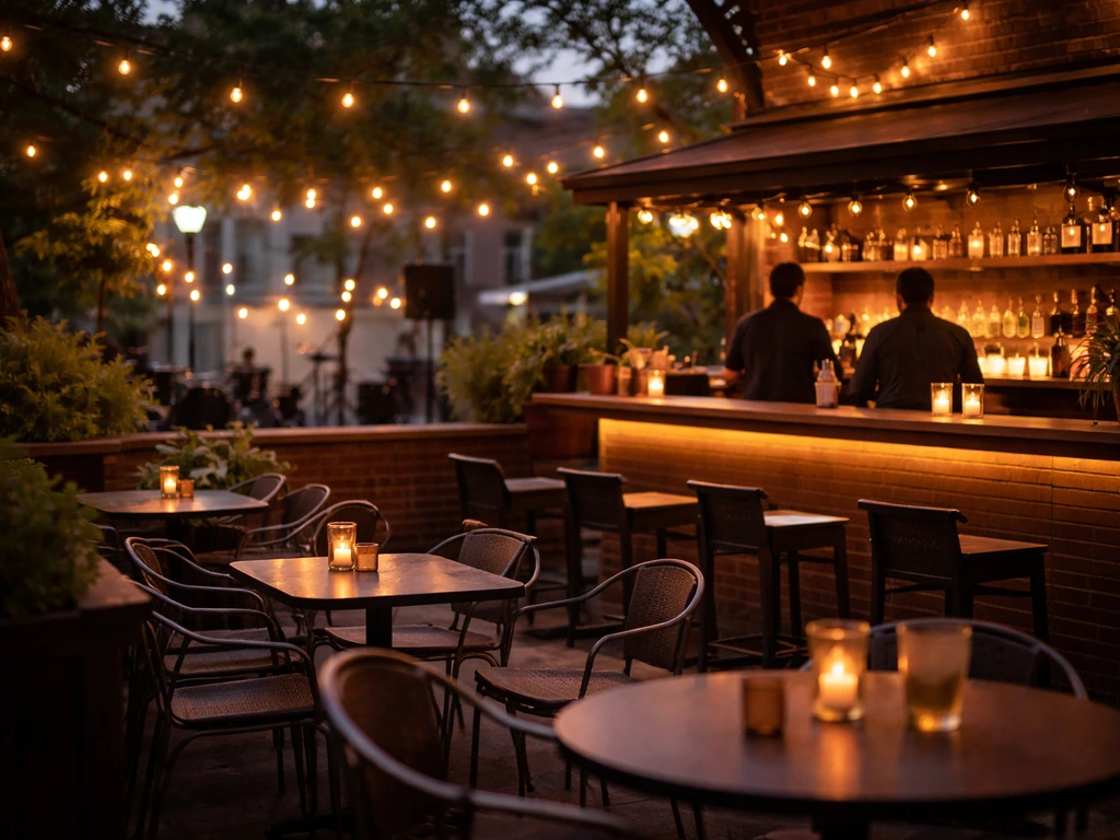 Warm-lit outdoor patio of a cocktail bar with bar seating and subdued live-music atmosphere