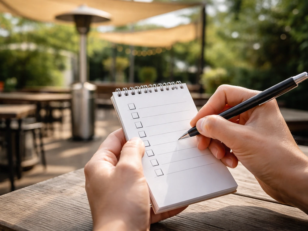 Hands ticking a checklist on a notepad beside a patio beer garden table with seating and a heater.