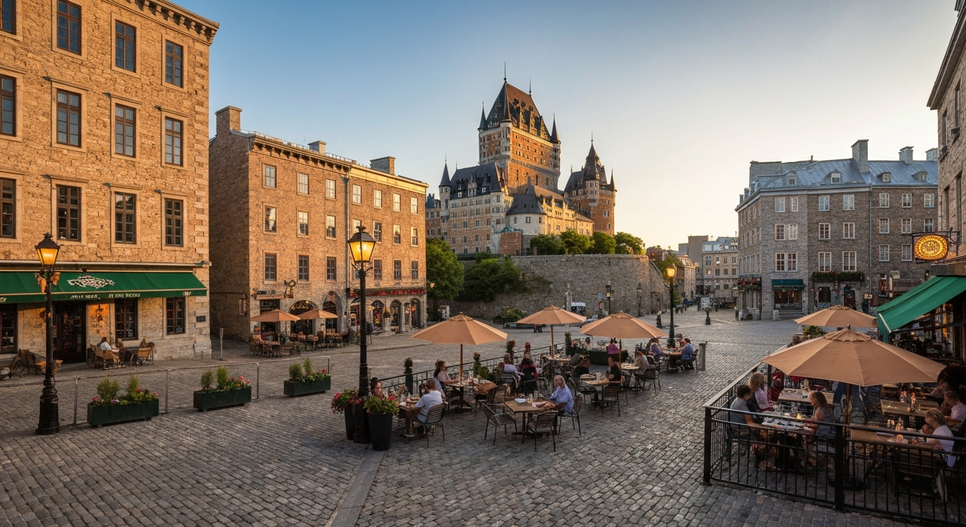 Wide-angle view of a Quebec City patio on Place d'Armes with Château Frontenac in the background, cobblestones and outdoor tables