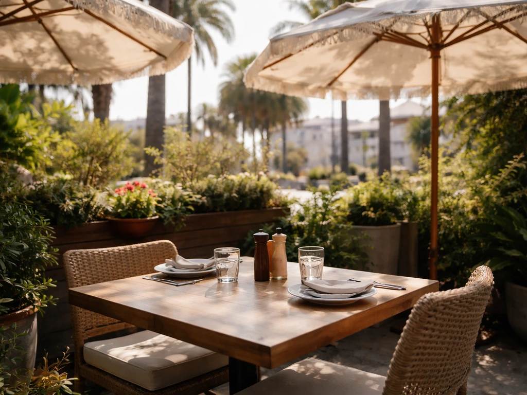 Sun-dappled Santa Monica outdoor patio with umbrellas and a relaxed dining table near the beachfront