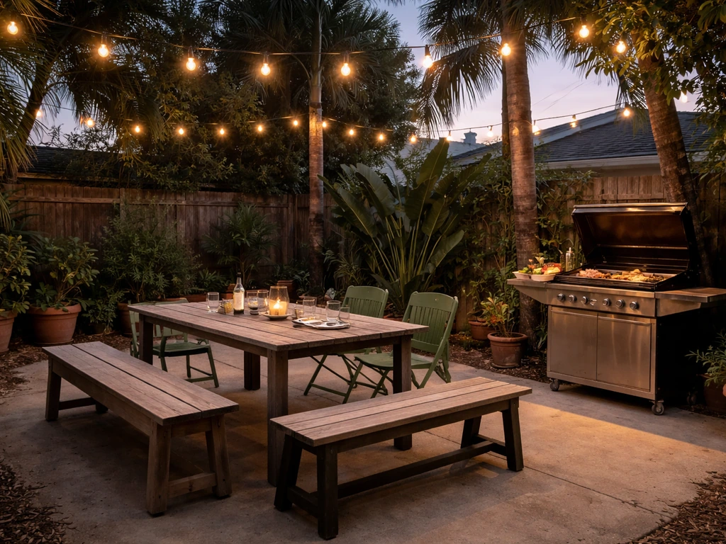 Relaxed backyard patio with communal seating and an open grill in the background