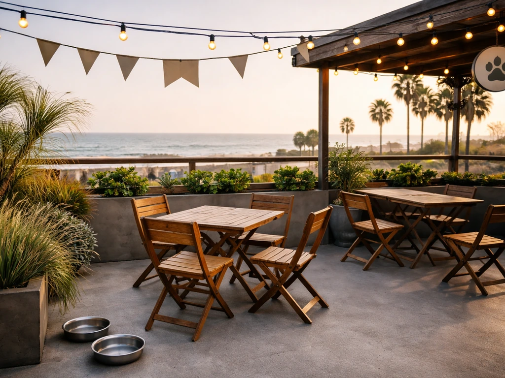 Dog-friendly rooftop patio with outdoor seating and water bowls, Pacific Ocean view in the background.
