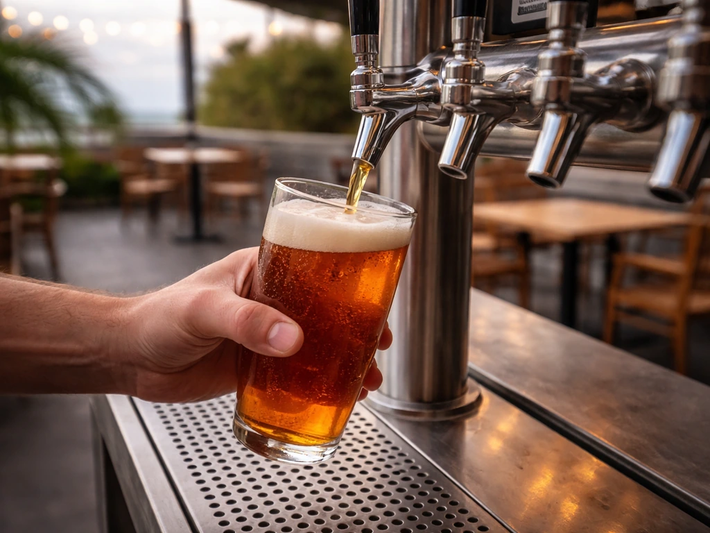 Warm outdoor patio of a Santa Monica brewery with an active beer pour and empty seats in the background.