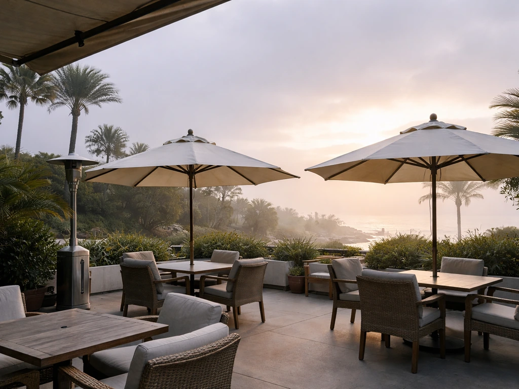 Overcast Santa Monica patio with umbrellas, shifting to brighter sun and comfortable shade.