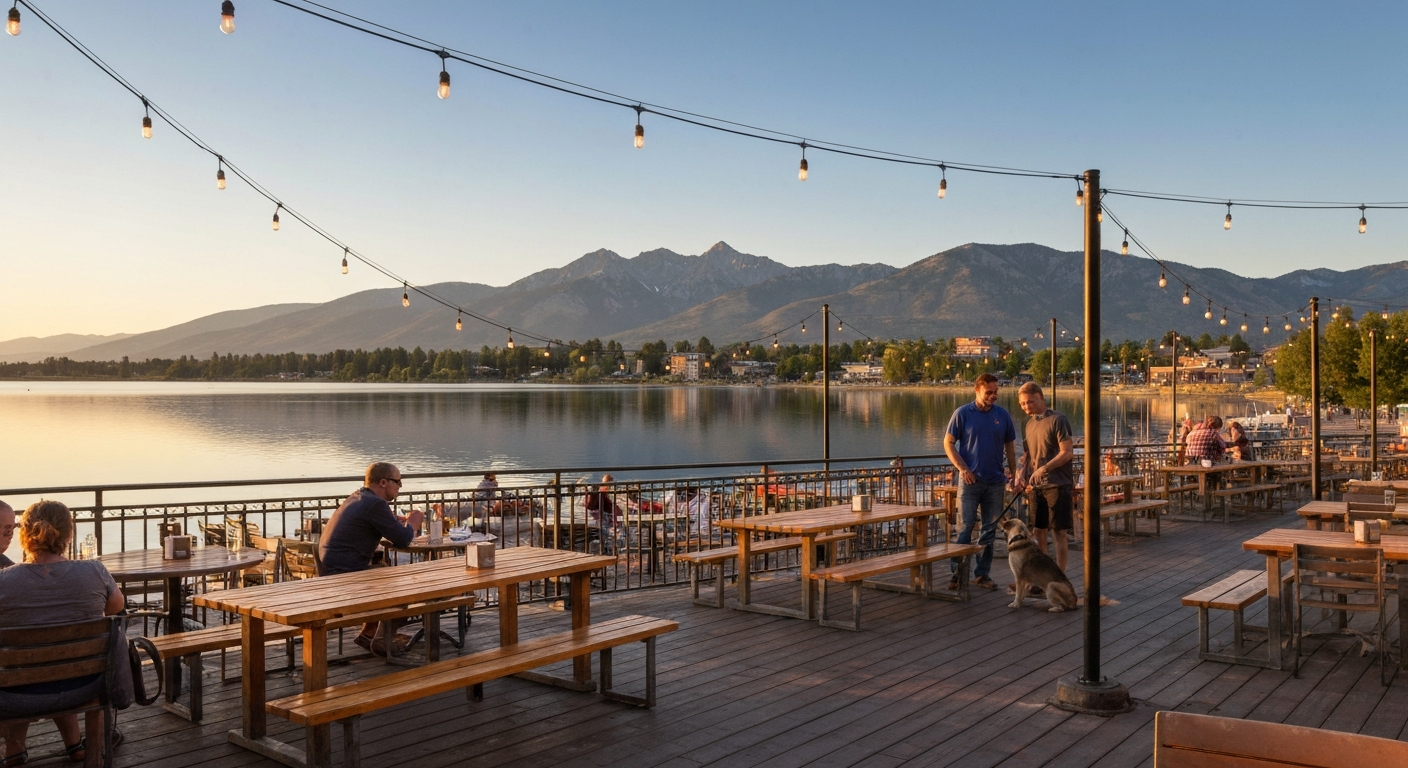Lakeside patio at golden hour with people, a leashed dog, and Bridger Mountains reflected in the water.